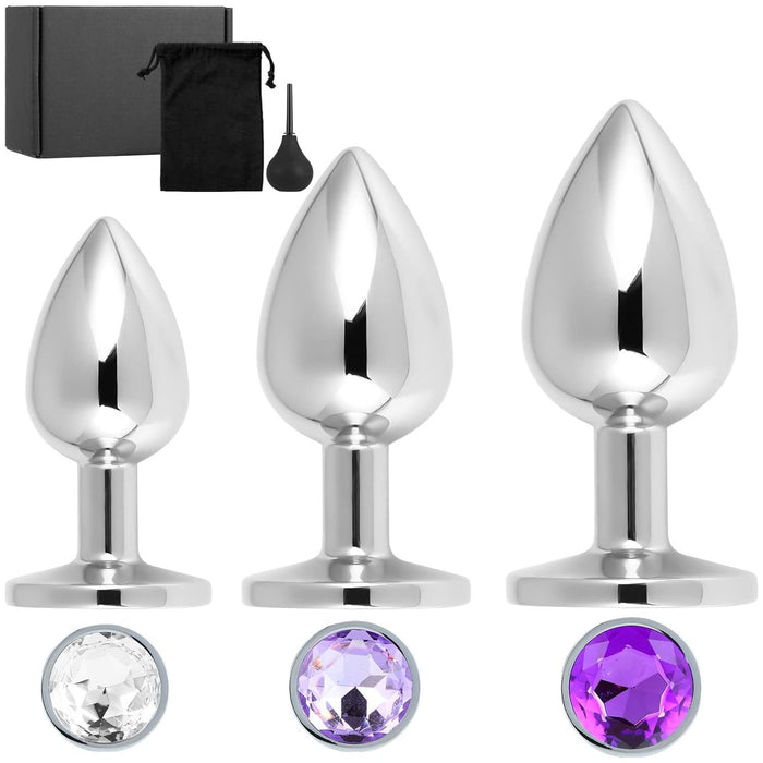 Elegant 3-piece metal anal plug with crystal details and anal shower