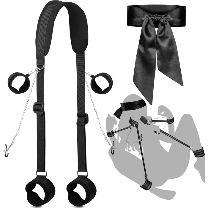 Intimate BDSM restraint set with handcuffs, leg cuffs, and eye mask