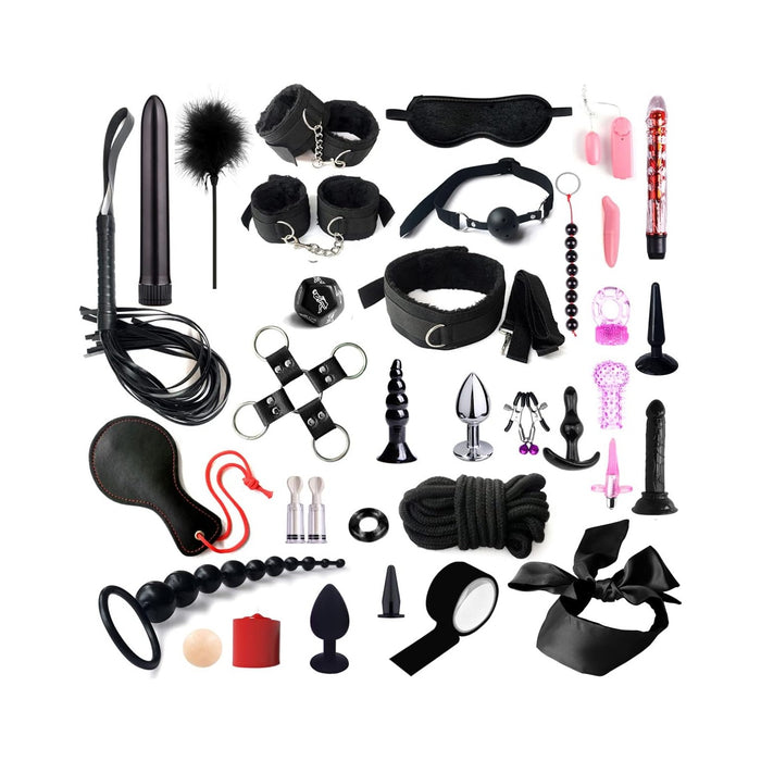 35 dalių erotinis SM Bondage komplektas su rankogaliais ir žaislais poroms
