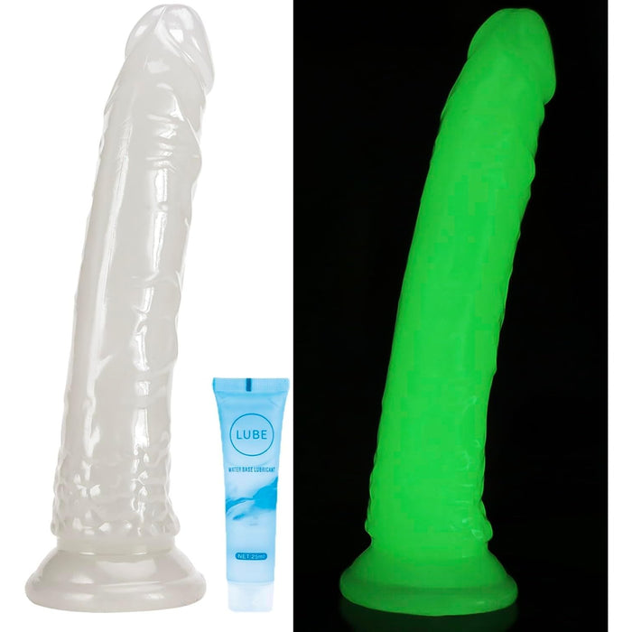 20 cm ilgio švytintis žalias minkštas realistinis dildo su stipria prisitvirtinimo siurbtuku