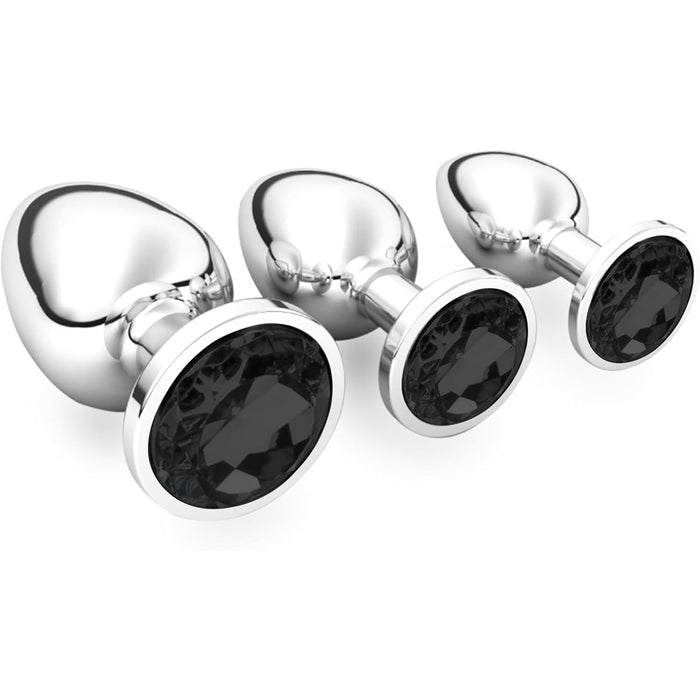 3 Dalių Metalo Analinių Kištukų Rinkinys su Deimantiniu Kristalu – Mažas, Vidutinis, Didelis