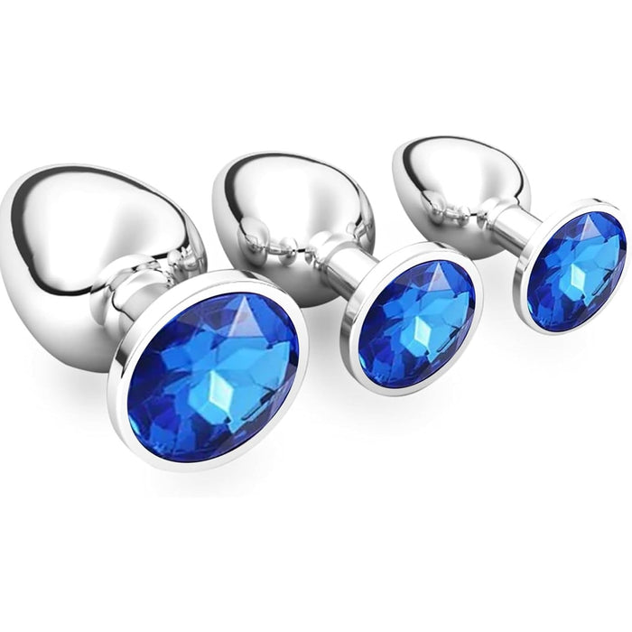3-piece metal anal plug set with crystal diamond - dark blue