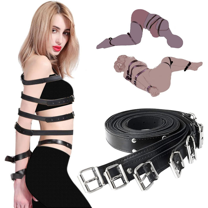 7-piece SM sex package with adjustable leather cuffs and handcuffs