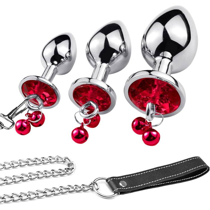 3-piece metal anal plug set with chain and bells