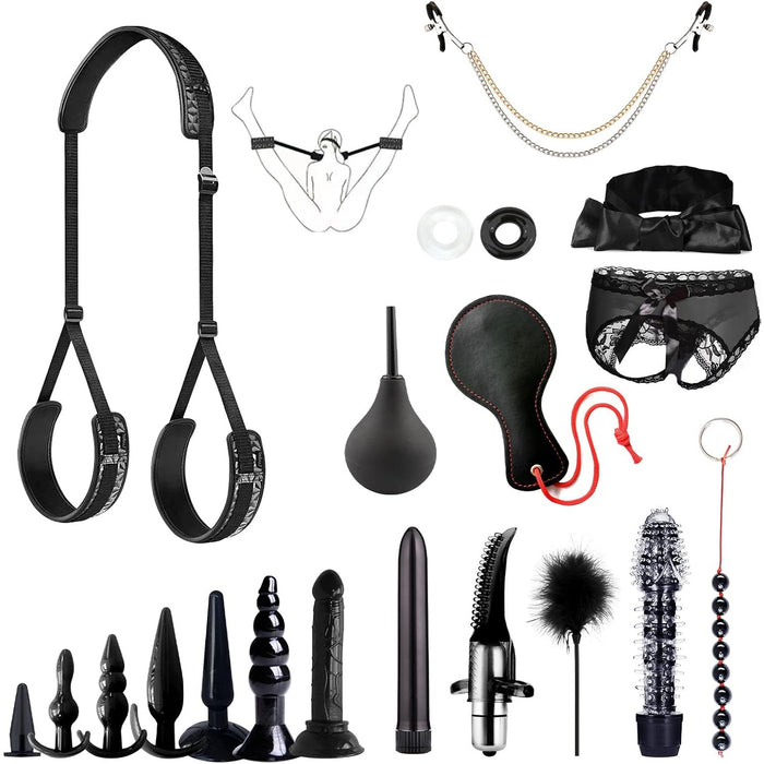 Complete 20-piece BDSM set with handcuffs and leg cuffs, mouthpiece and mask
