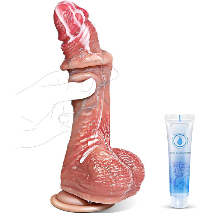 Realistinė silikoninė dildo su slidinėjamu apyvarpės sluoksniu ir stipria prisitvirtinimo siurbtuku