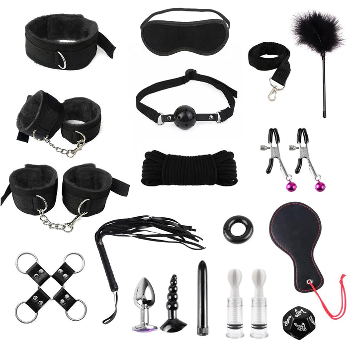 17 dalių BDSM apribojimų rinkinys poroms – reguliuojami rankų ir čiurnų antrankiai