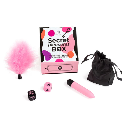 Secret Pleasures Box – Rinkinys malonumams su vibruojančia kulka, plunksnų šepetėliu ir žaidimų kauliukais