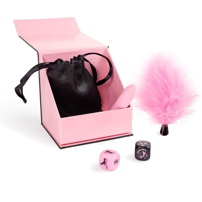 Secret Pleasures Box – Rinkinys malonumams su vibruojančia kulka, plunksnų šepetėliu ir žaidimų kauliukais