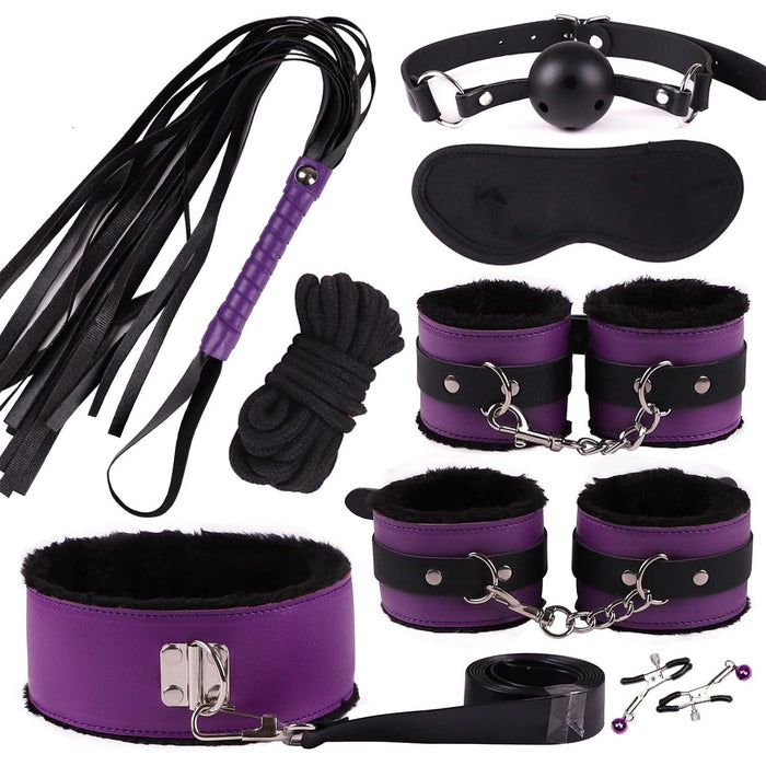 Erotinis Bondage Rinkinys poroms su 8 odiniais aksesuarais violetinės spalvos