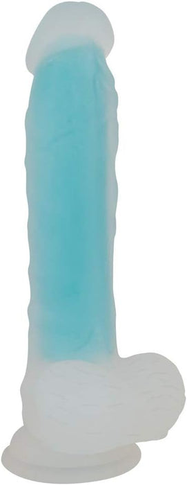 Turquoise glow-in-the-dark dildo with texture and testicles