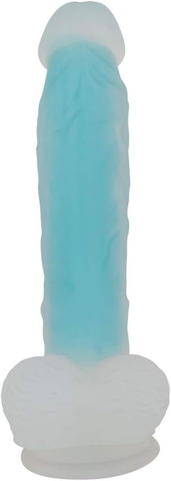 Turquoise glow-in-the-dark dildo with texture and testicles