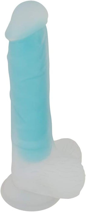 Turquoise glow-in-the-dark dildo with texture and testicles