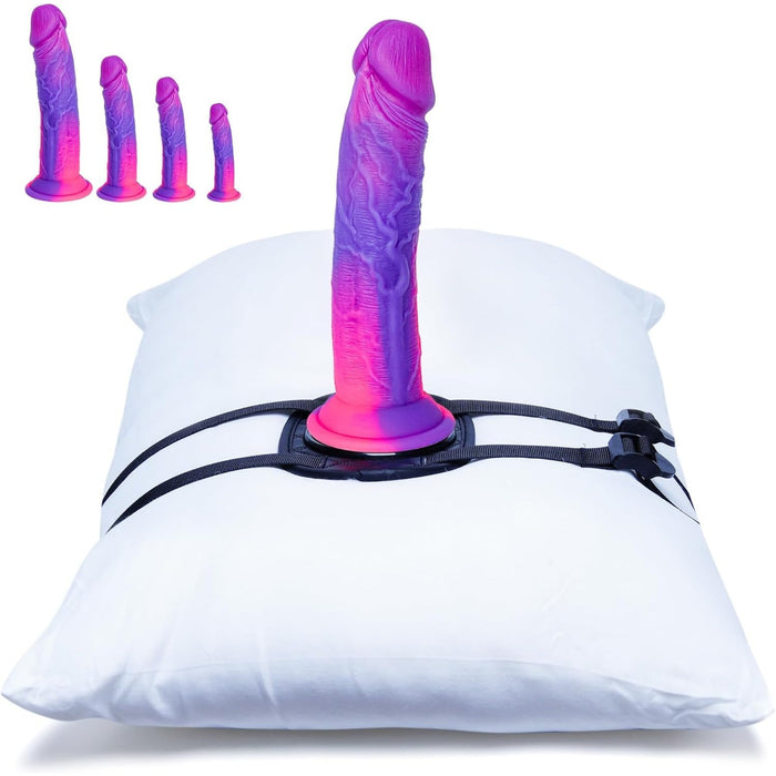 4 dalių silikoninių dildo rinkinys su stipria prisitvirtinimo baze ir stoveliu