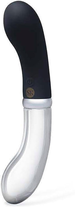 Elegantiškas 17,5 cm stiklinis G formos vibratorius su 10 režimų