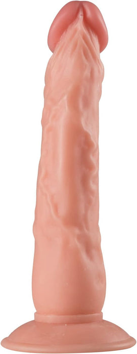 Tikroviškas silikoninis dildo su stipria prisitvirtinimo siurbtuke, 23 cm ilgio