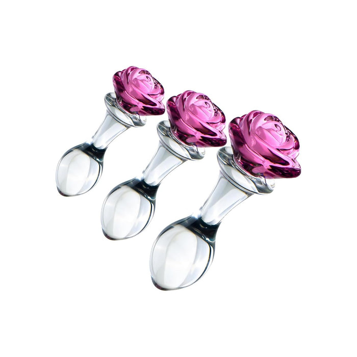 Elegantiškas 3 dalių rožių stiklo analinių kaiščių rinkinys – treniruoklis ir masažuoklis