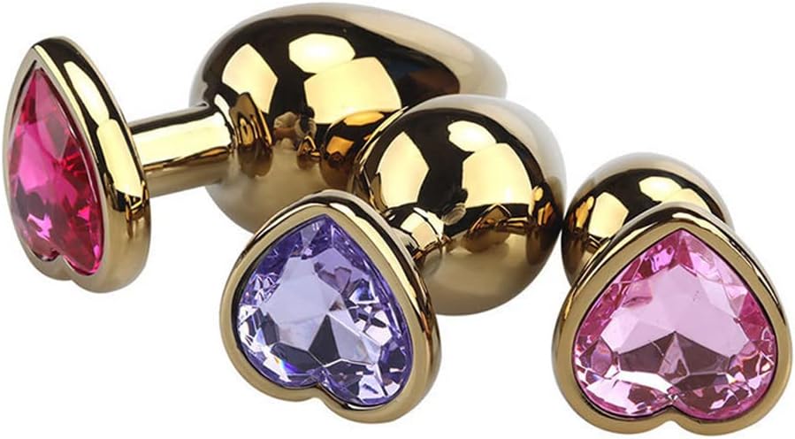 Glitter Gold Anal Plugs with Colored Crystal Heart Shape – 3 Sizes for Anal Trainer