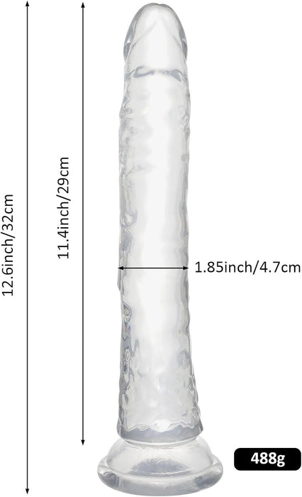 Realistiškas 32 cm didelis dildo su stipria siurbtuku ir permatoma tekstūra