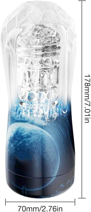 Manual male masturbator with textured interior and suction, transparent