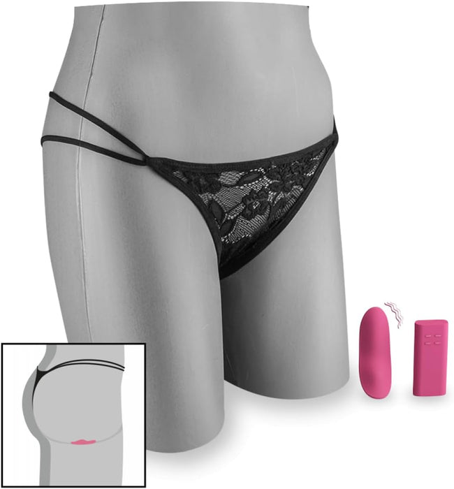 Juodas nėriniuotas string su vibratoriumi – diskretiškas malonumas