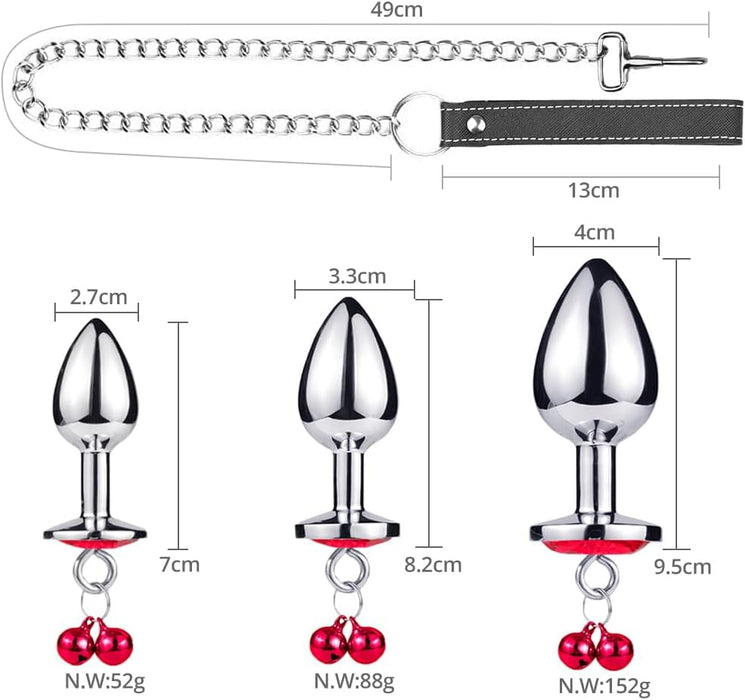 3-piece metal anal plug set with chain and bells