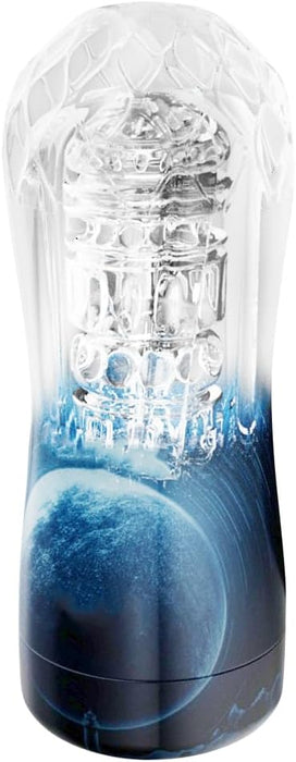 Manual male masturbator with textured interior and suction, transparent