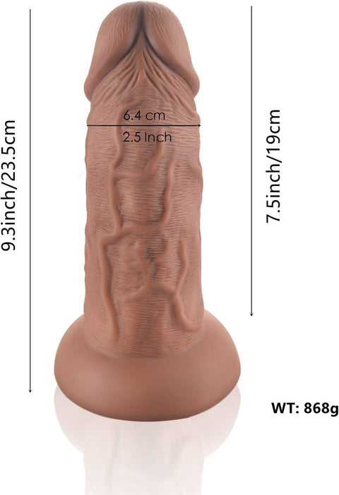 Realistiškas 23,5 cm silikoninis dildo su stipria prisispaudimo baze ir storu kotu