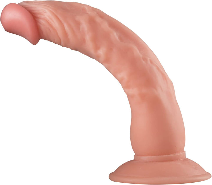 Tikroviškas silikoninis dildo su stipria prisitvirtinimo siurbtuke, 23 cm ilgio
