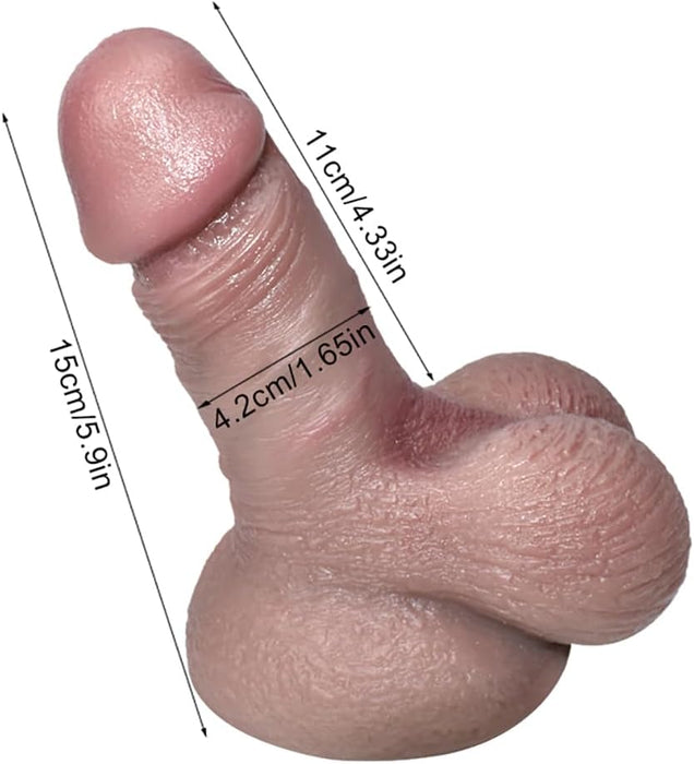 Small beginner realistic dildo with strong suction cup base made of double silicone