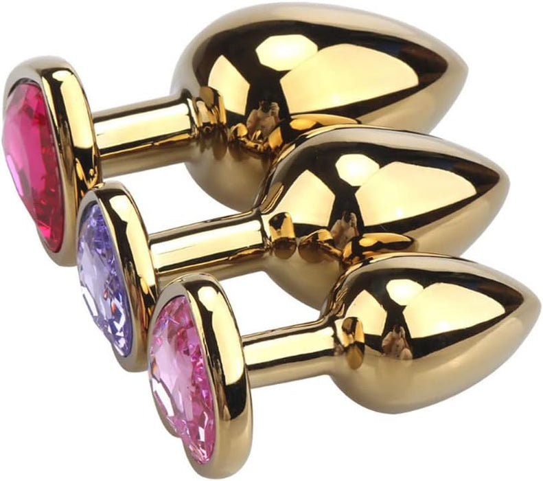 Glitter Gold Anal Plugs with Colored Crystal Heart Shape – 3 Sizes for Anal Trainer