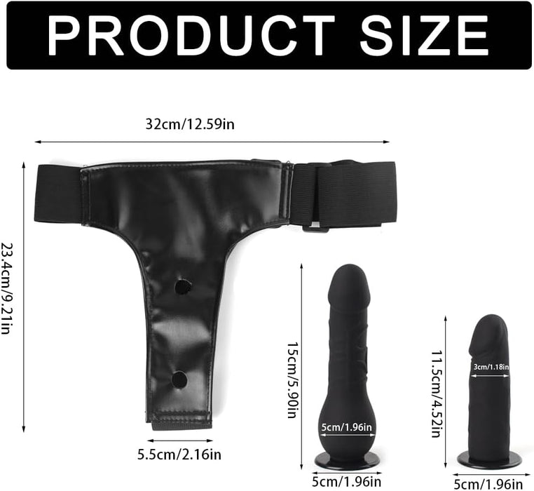 Reguliuojamas Strap-on rinkinys moterims su dviem silikoniniais dildo – 15 ir 11,5 cm