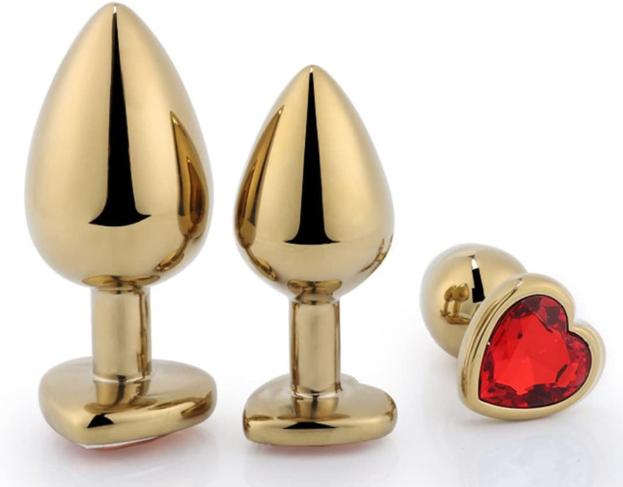 Glitter Gold Anal Plugs with Colored Crystal Heart Shape – 3 Sizes for Anal Trainer