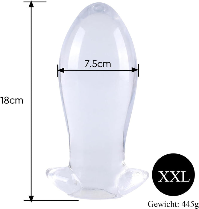 Stylish and large transparent anal plug for women and men in XXL size