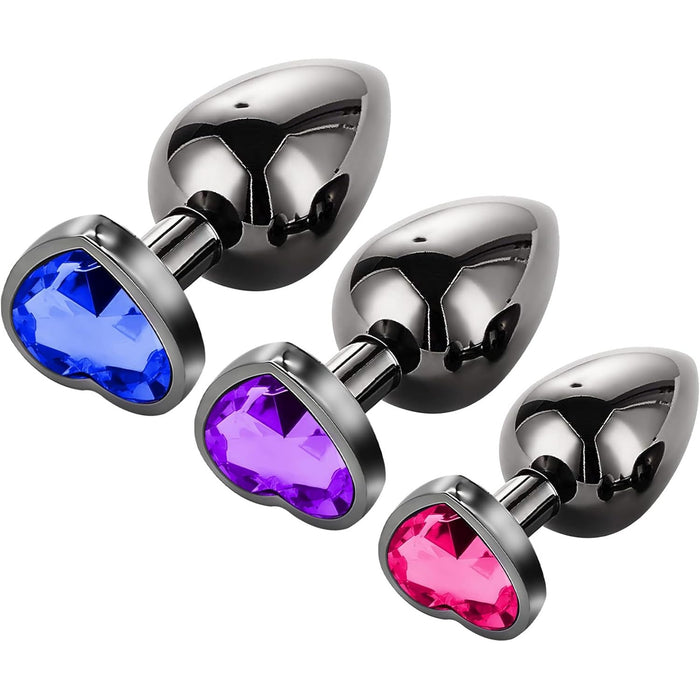 3-piece metal anal plug with heart-shaped crystal - beginner's set
