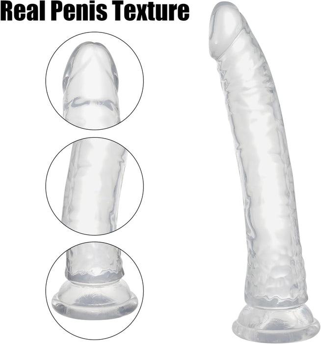 Realistiškas 32 cm didelis dildo su stipria siurbtuku ir permatoma tekstūra