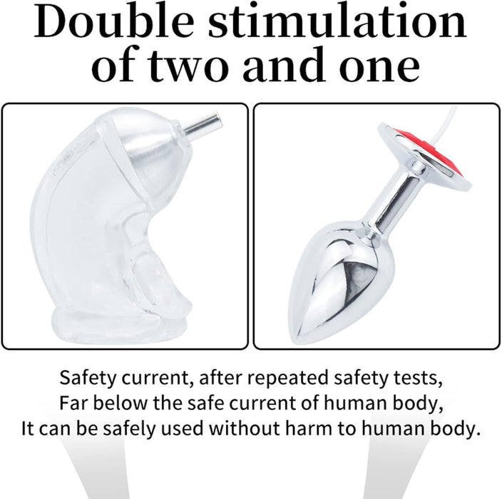 Electric silicone cock ring with stainless steel anal plug and stimulation