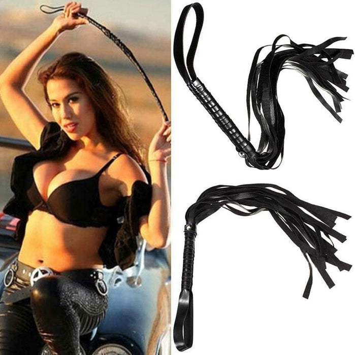 Erotic BDSM set for couples with leather whip, feather charm and blindfold