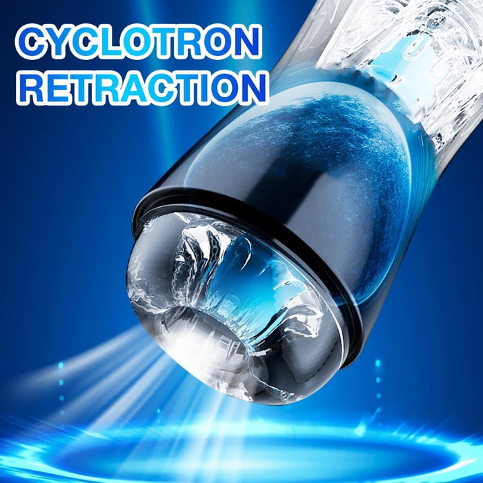 Manual male masturbator with textured interior and suction, transparent