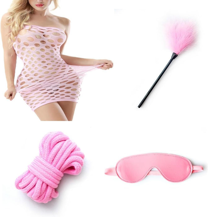 10-piece BDSM set with various fetish tools in pink