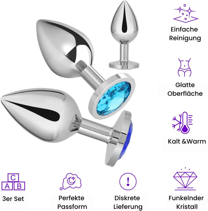 3-piece metal anal plug set – crystal blue color for pleasure