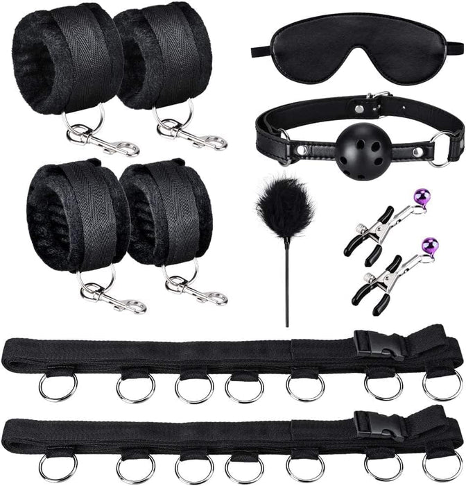 8-piece SM bondage set for couples - cuffs, clamps, mask, etc.