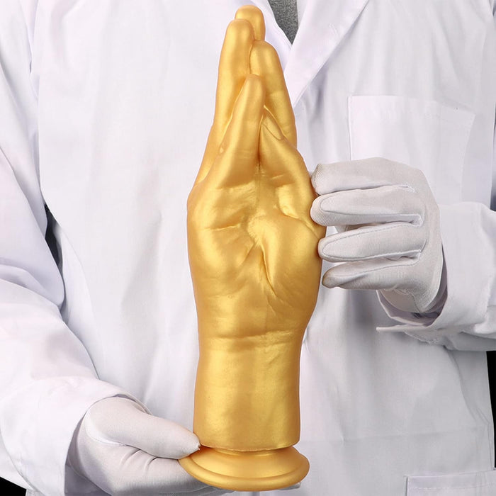 Realistic gold-colored hand dildo with strong grip - medium size