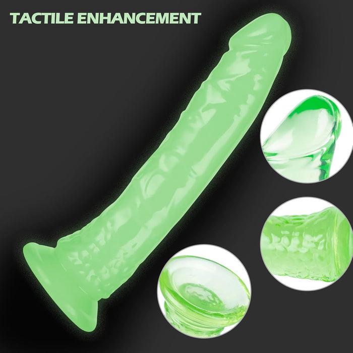 20 cm ilgio švytintis žalias minkštas realistinis dildo su stipria prisitvirtinimo siurbtuku