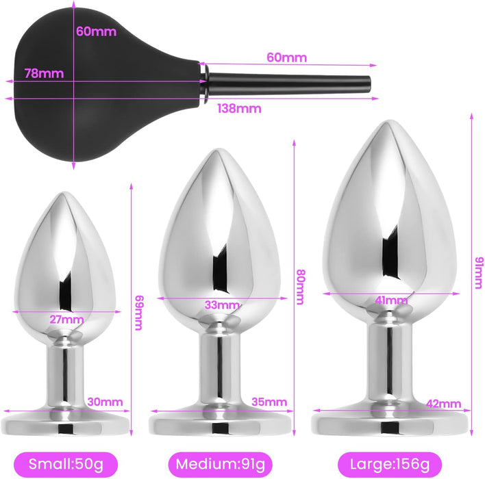 Elegant 3-piece metal anal plug with crystal details and anal shower