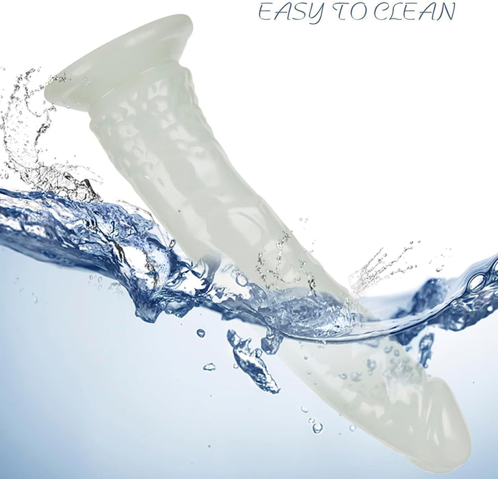 20 cm ilgio švytintis žalias minkštas realistinis dildo su stipria prisitvirtinimo siurbtuku