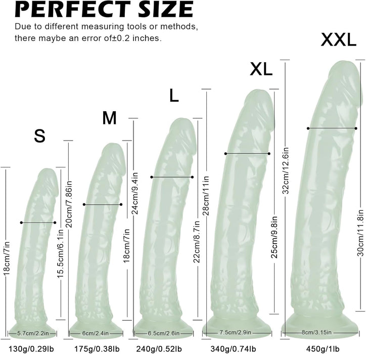 20 cm ilgio švytintis žalias minkštas realistinis dildo su stipria prisitvirtinimo siurbtuku