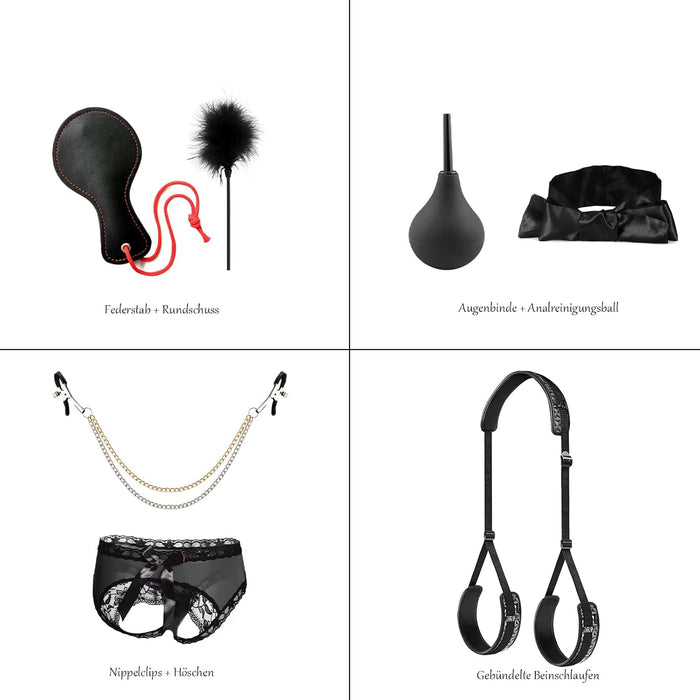 Complete 20-piece BDSM set with handcuffs and leg cuffs, mouthpiece and mask