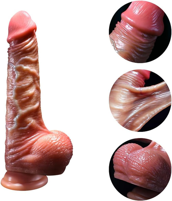 Realistiškas 18 cm dviejų sluoksnių silikono dildo su stipria siurbtuke