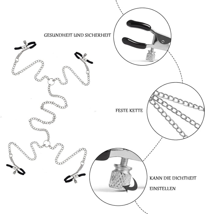 4-in-1 Adjustable Heart Nipple Clamps with Chain